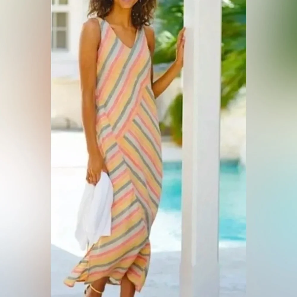 PURE JILL Pink, gray & yellow Linen sleeveless V neck maxi sundress size 3X - Picture 2 of 16